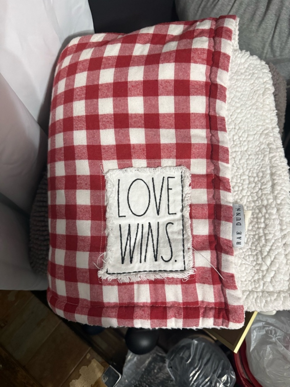 Rae Dunn Red & White Gingham 'LOVE WINS' Throw Blanket